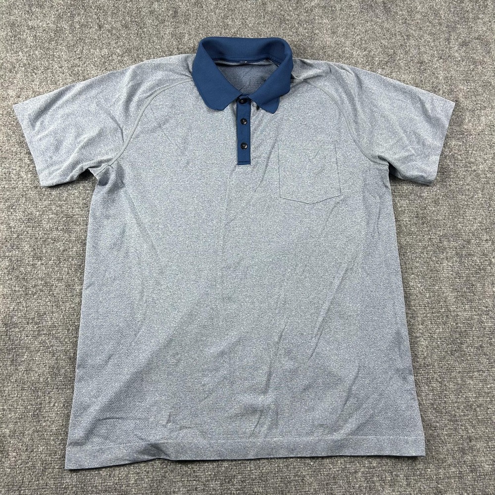 lululemon athletica Men's Heathered Light Blue Polo with Navy Collar